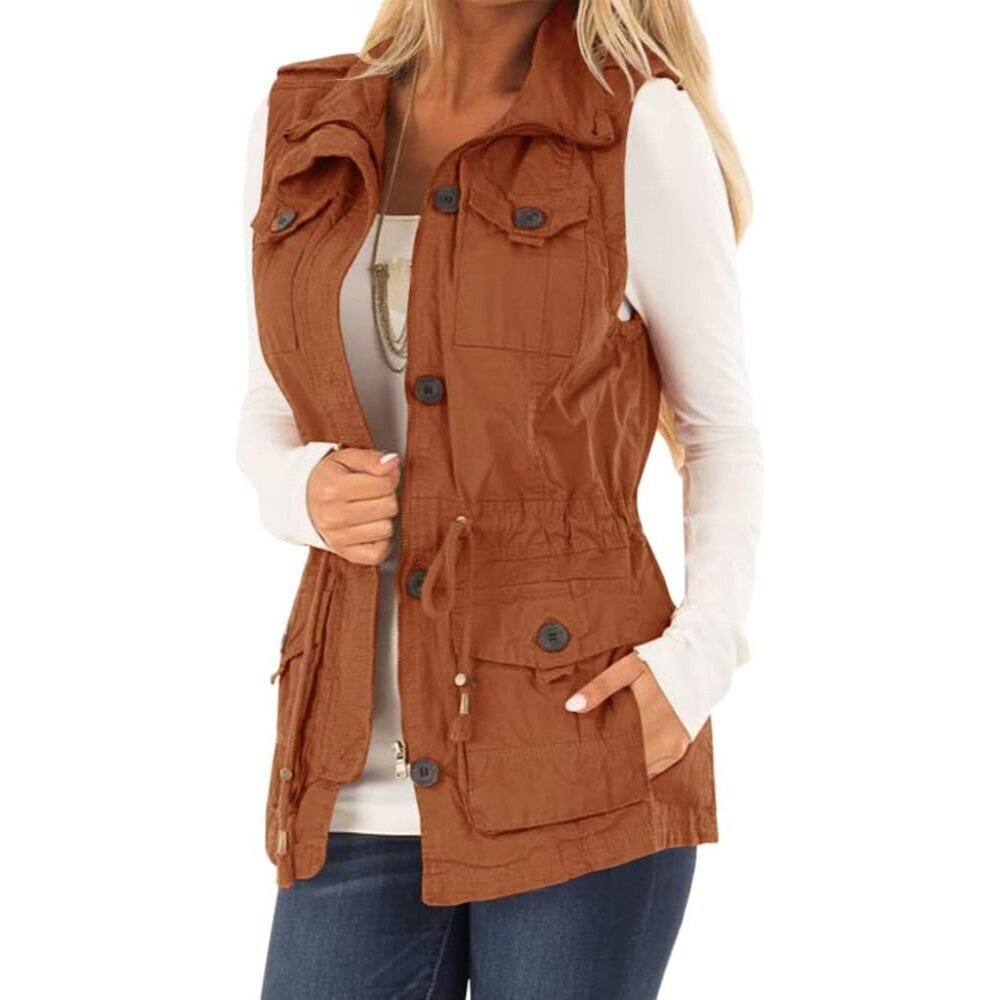 Women's Cotton Utility Vest Large Sleeveless Drawstring Pockets Casual